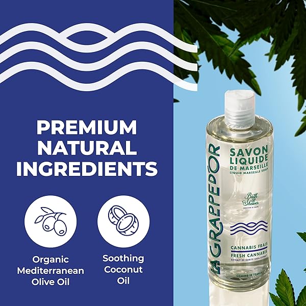 LA GRAPPE D’OR FRESH CANNABIS SCENT MARSEILLE SOAP BODY WASH ENRICHED WITH MOISTURIZING SHEA & ESSENTIAL OILS | MADE IN FRANCE FROM ORGANIC OLIVE & COCONUT OIL | NATURAL & VEGAN, 13.5 OZ LIQUID