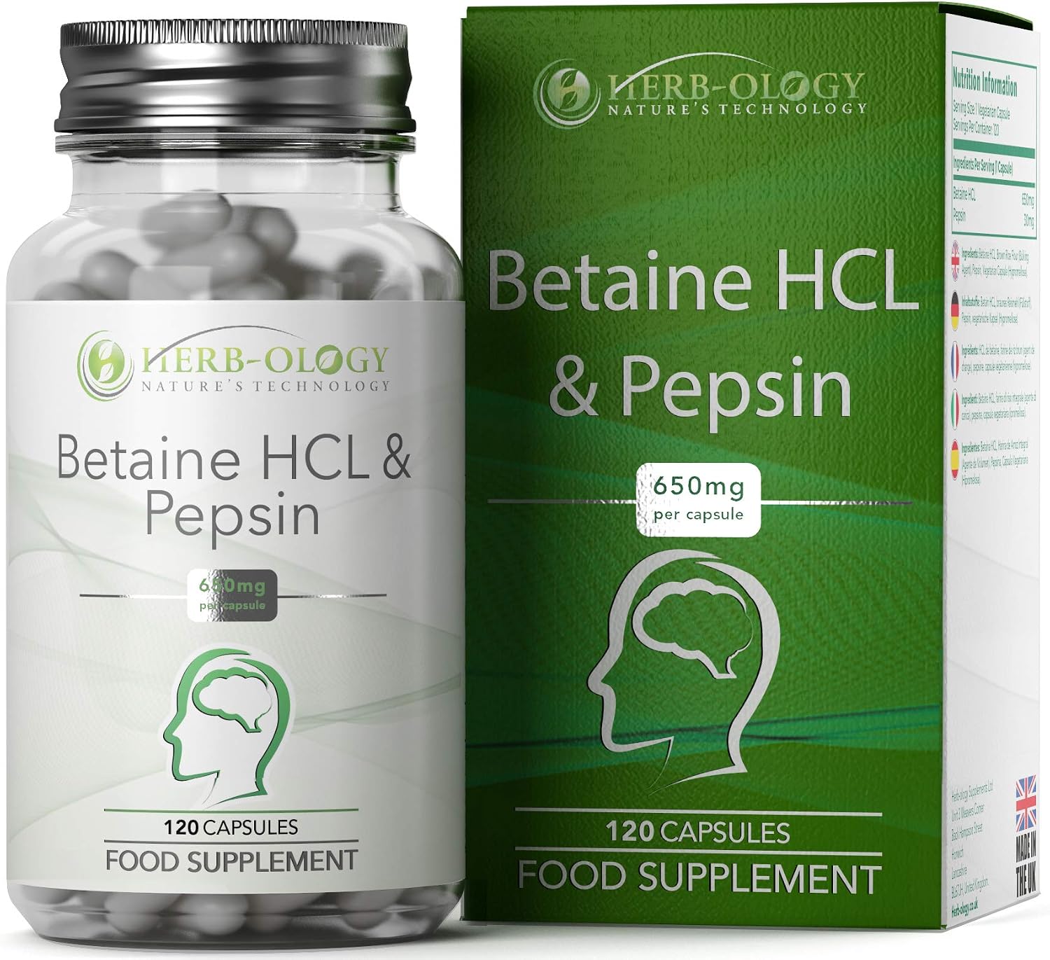HB Betaine HCL with Pepsin Capsules, 120 count (Pack of 1)