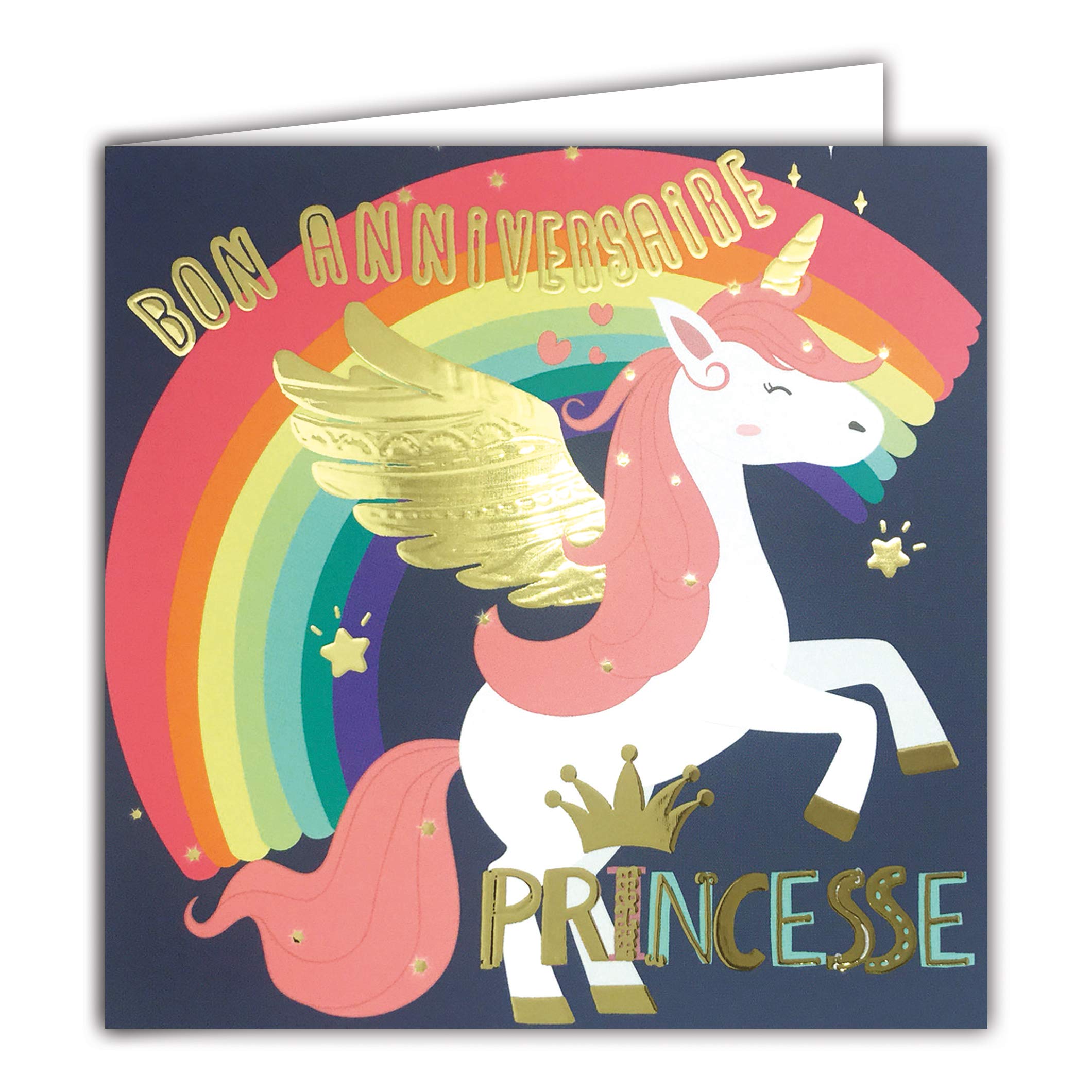 Afie Square Happy Birthday Princess Card in Shiny Gold Unicorn Pony Horse Magic Rainbow Textured Wings Effect 22055