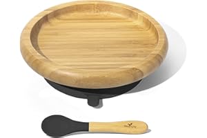Avanchy Classic Baby Plates Non Divided Bamboo with Suction for Babies Kids Toddler Food with Silicone Spoon for Feeding, Black