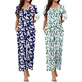 Ekouaer 2 Pack Pajamas for Women Short Sleeve V Neck Pj 2 Piece Lounge Sets S-XXL