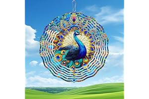 FKKsparkler Peacock Wind Spinner, Hanging 3D Outdoor Wind Chimes, 10 inch Metal Wind Spinner for Outdoor & Indoor Decor, Yard Art Gift