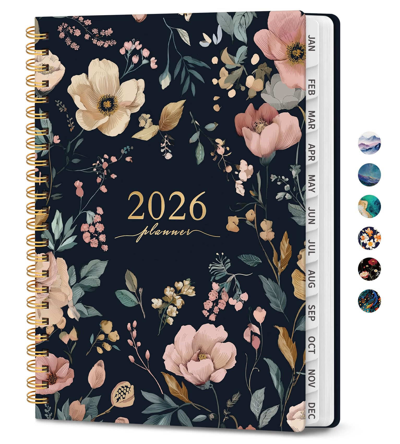 Photo 1 of 2026 Planner, Monthly and Weekly Calendar Planner for Women, Jan 2026 - Dec 2026, Hardcover Pretty 2026 Agenda Planner Book with Tabs, Spiral Bound, Perfect for School Office Home Supplies, 6.3" x 8.5" - Evening Petals