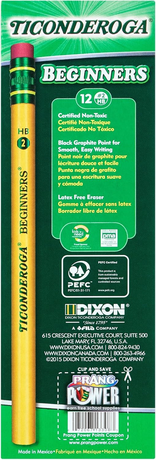 Ticonderoga Beginner Pencils, Wood-Cased #2 HB Soft, With Eraser, Yellow, 12-Pack (13308) : Wood Lead Pencils : Office Products