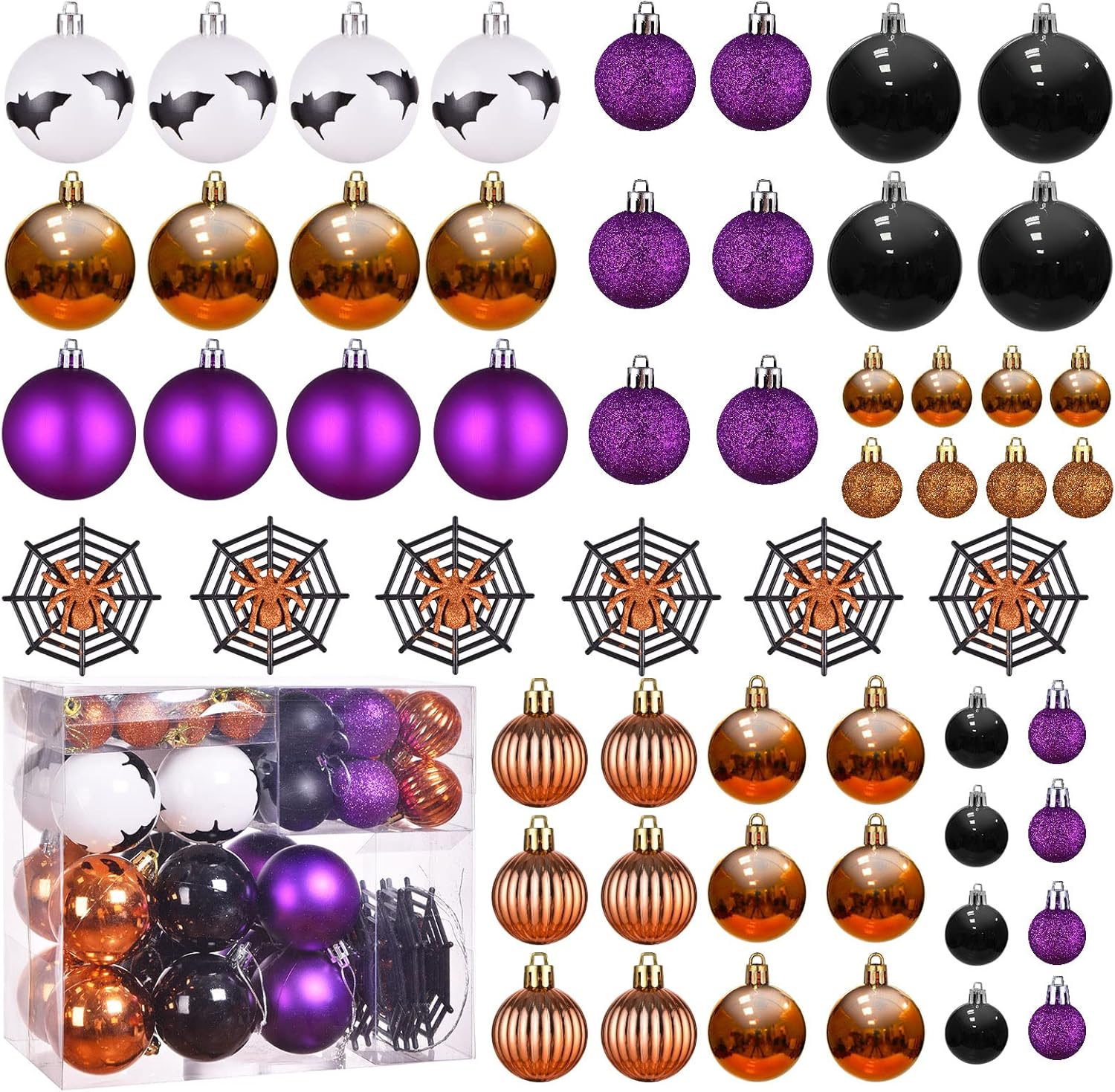 Ornaments - Pack of 56 Halloween Hanging Ball Ornaments, Shatterproof Halloween Balls Spider Bat Ornaments for Indoor Halloween Tree Decorations, Halloween Party, Home Decorations (Multi)