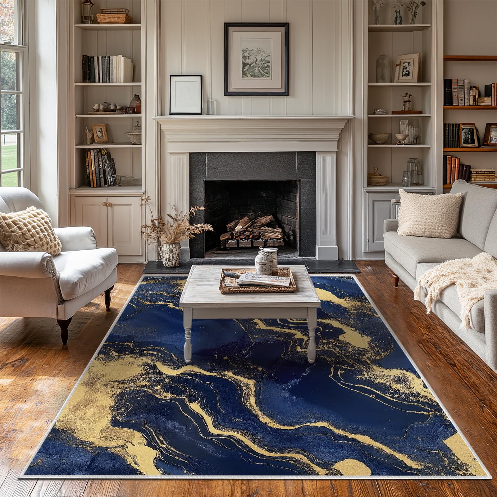 Photo 1 of 5x7 Area Rug Blue and Gold Modern Rug for Living Room Machine Washable Rugs for Bedroom Ultra Soft Dining Room Large Carpet Non-Slip Non-Shedding Throw Rug for Home Office Kids Playroom