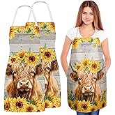 Whaline 2Pcs Highland Cow Sunflower Aprons Summer Floral Yak Pattern Adjustable Kitchen Cooking Aprons Decor Washable Kitchen Apron for Gift Painting Gardening Restaurant Baking Party Supplies