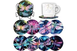 DEMONWER 8 Pieces Dazzling Dragonfly Diamond Painting Coasters Kits with Holder DIY Colorful Dragonfly Diamond Art Coaster Coaster for Gifts Beginner Adults Kids Art Table Home Craft Gift Supplies