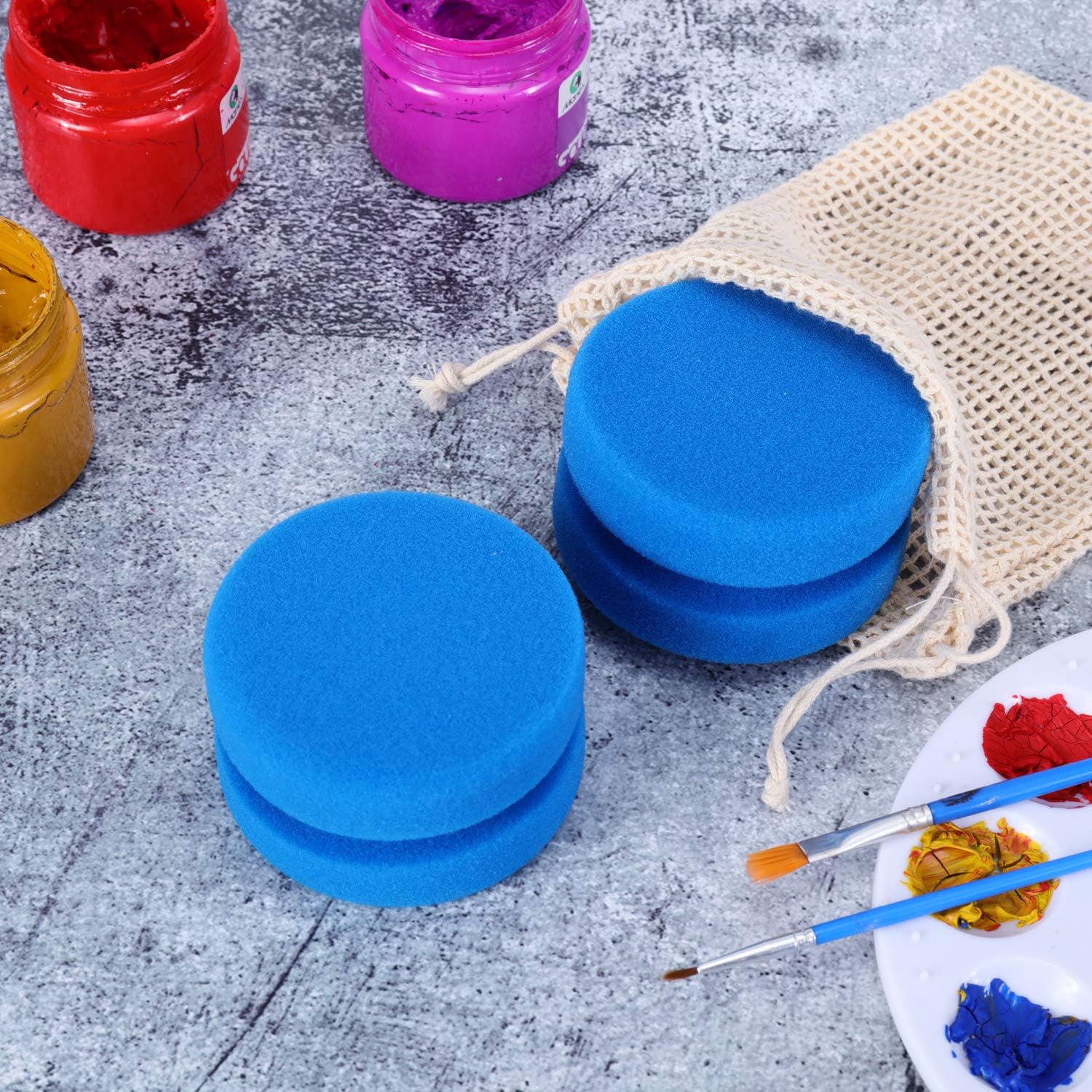 6 Pieces Paint Sponge Applicator Blue Detail Sponge Circular Painting Sponges with 3 Pieces Mesh Storage Bags Hang Dry Bags for Craft Projects