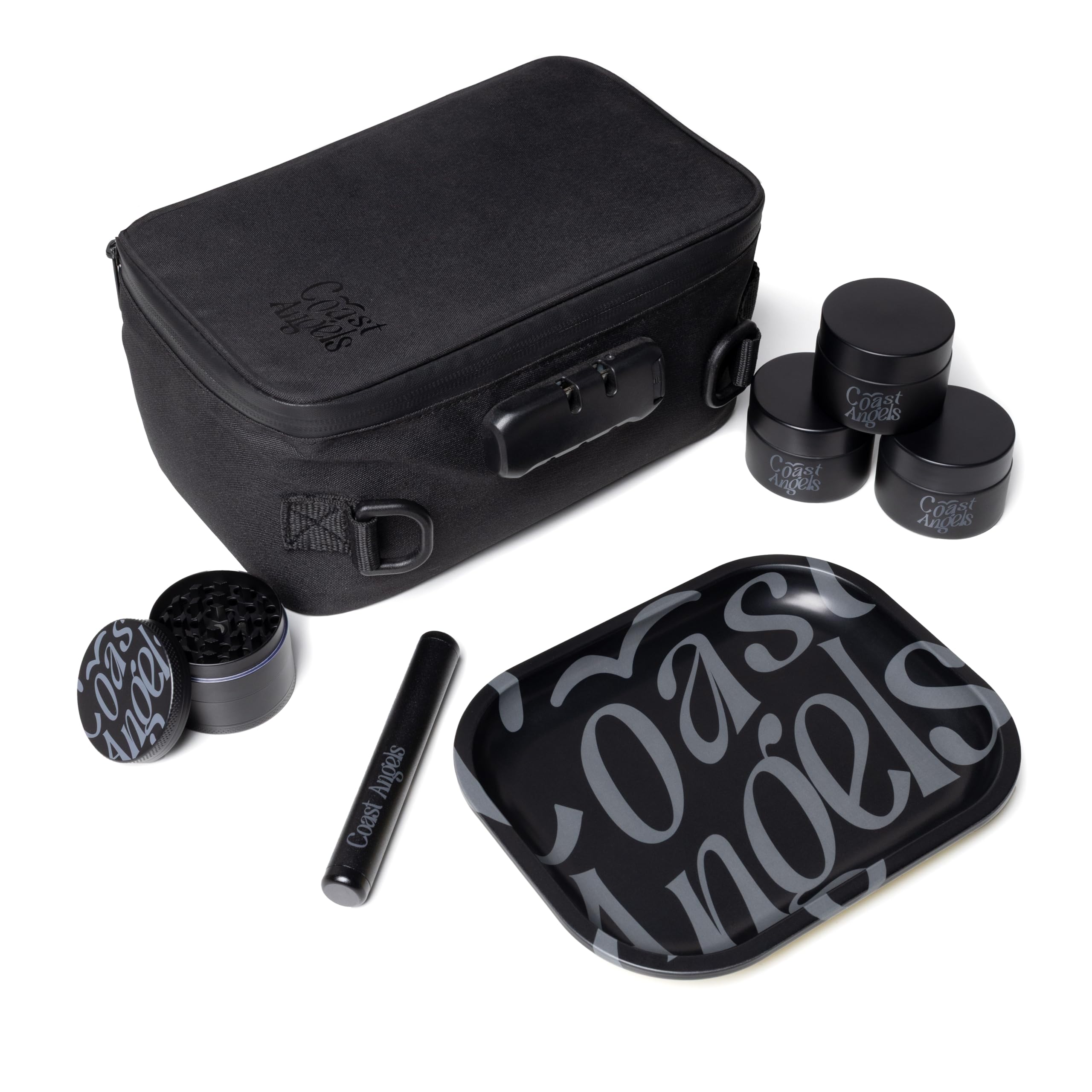 COAST ANGELS Smell Proof Bag with Accessories – Complete Rolling Box with Grinder, 3 Jars, Rolling Tray and Tube – Smell Proof Container and Box with Lock for Home, Travel and Gifting