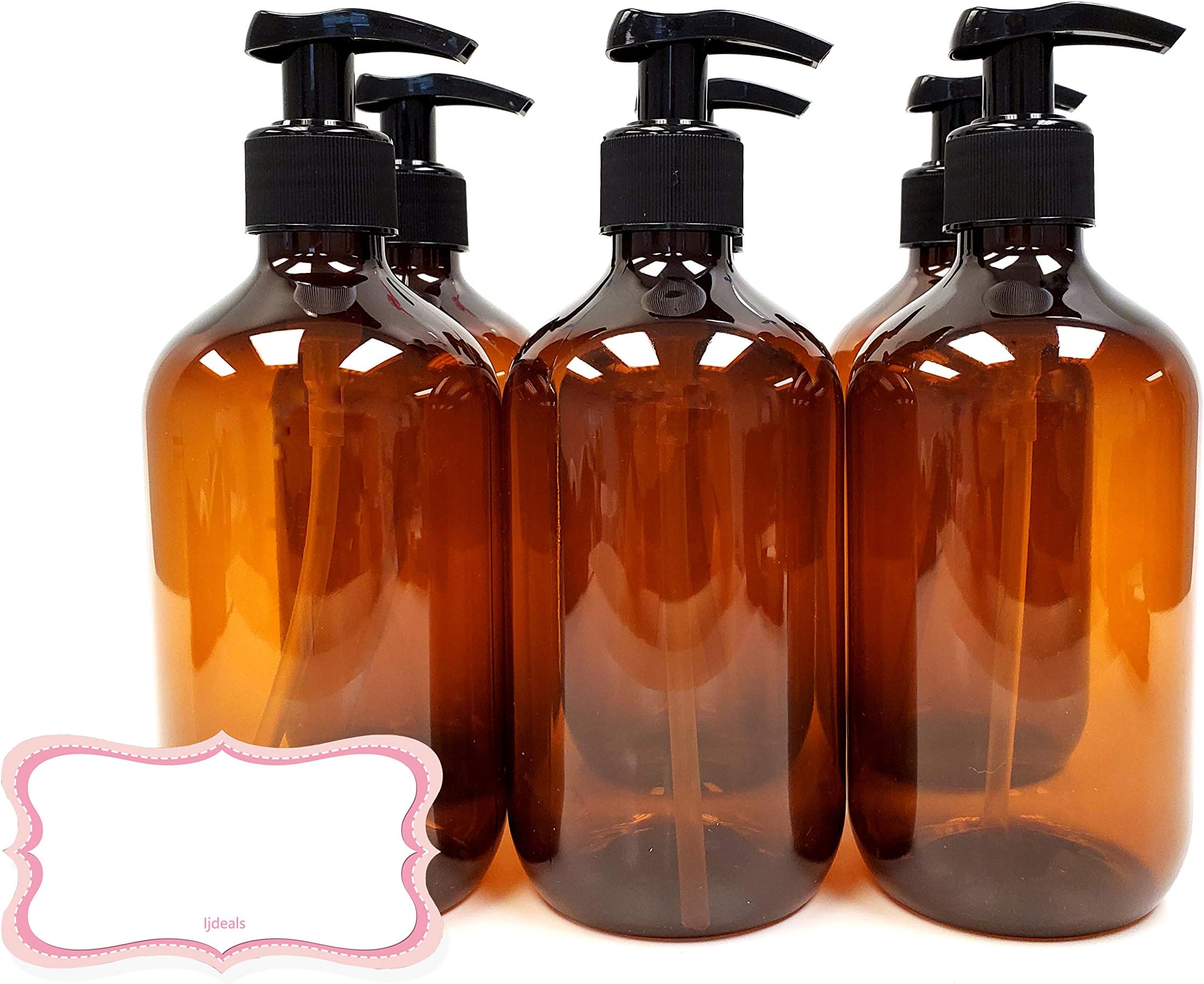 ljdeals 16 oz Amber Plastic Bottle with Black Lotion Pump, Pack of 6, BPA Free, Bonus 6 Artistic Labels