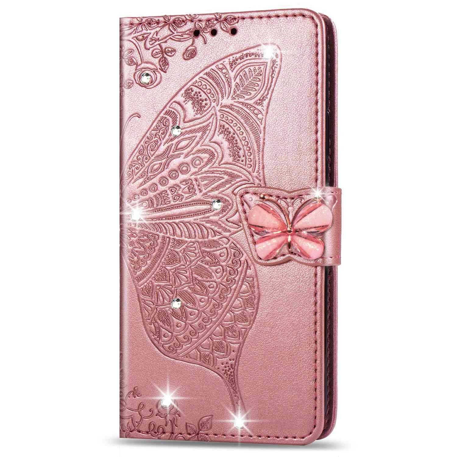 Reevermap iPhone 12 Mini Case Glitter Cystal Flip PU Leather Phone Cover for iPhone 12 Mini, Shockproof Wallet Card Slots Butterfly Embossed Gems Bling Shiny Magnetic Clasp Kickstand, Rose Gold