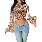BEAUDRM Women's Y2K Floral 70s Top Hippie Shirt Sheer Mesh Tee Shirt Disco Long Bell Sleeve T Shirts Crew Neck Boho Crop Tops