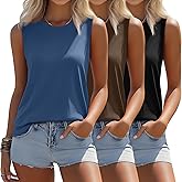 Riyiper 3 Pack Women's Sleeveless Tops Crew Neck Loose Fit Tank Tops Casual Summer Muscle Shirts Basic Solid Flowy Tees
