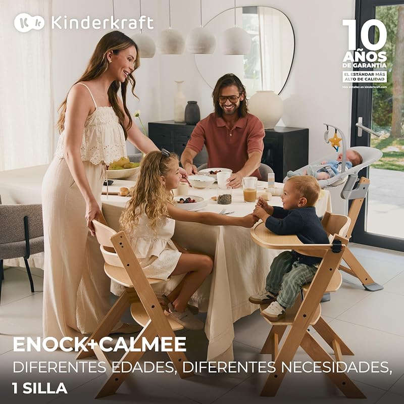 ENOCK Trona bebé de Madera + Hamaca Bebé CALMEE, portatil, para niños, Silla alta Infantil, Evolutiva, Ergonómica, Barrera y Bandeja, Gris