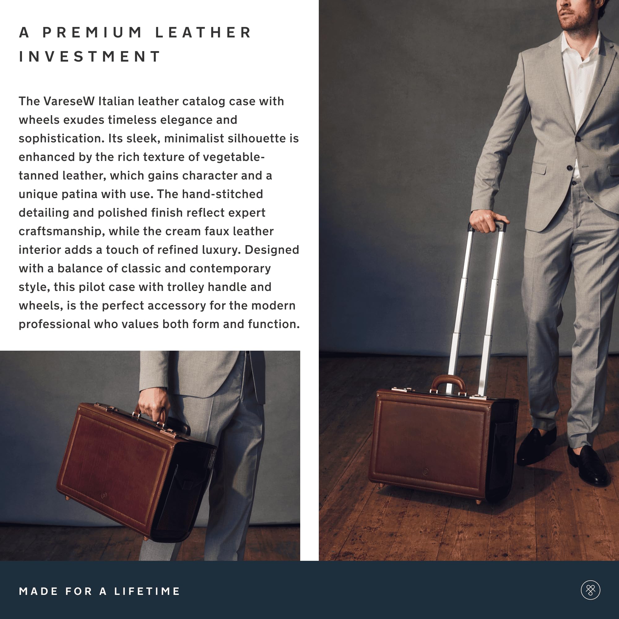 Maxwell Scott Bags Maxwell Scott - Mens Luxury Leather Rolling Wheeled Pilot Briefcase/Catalog Case and Barrel Lock - The VareseW Dark Brown