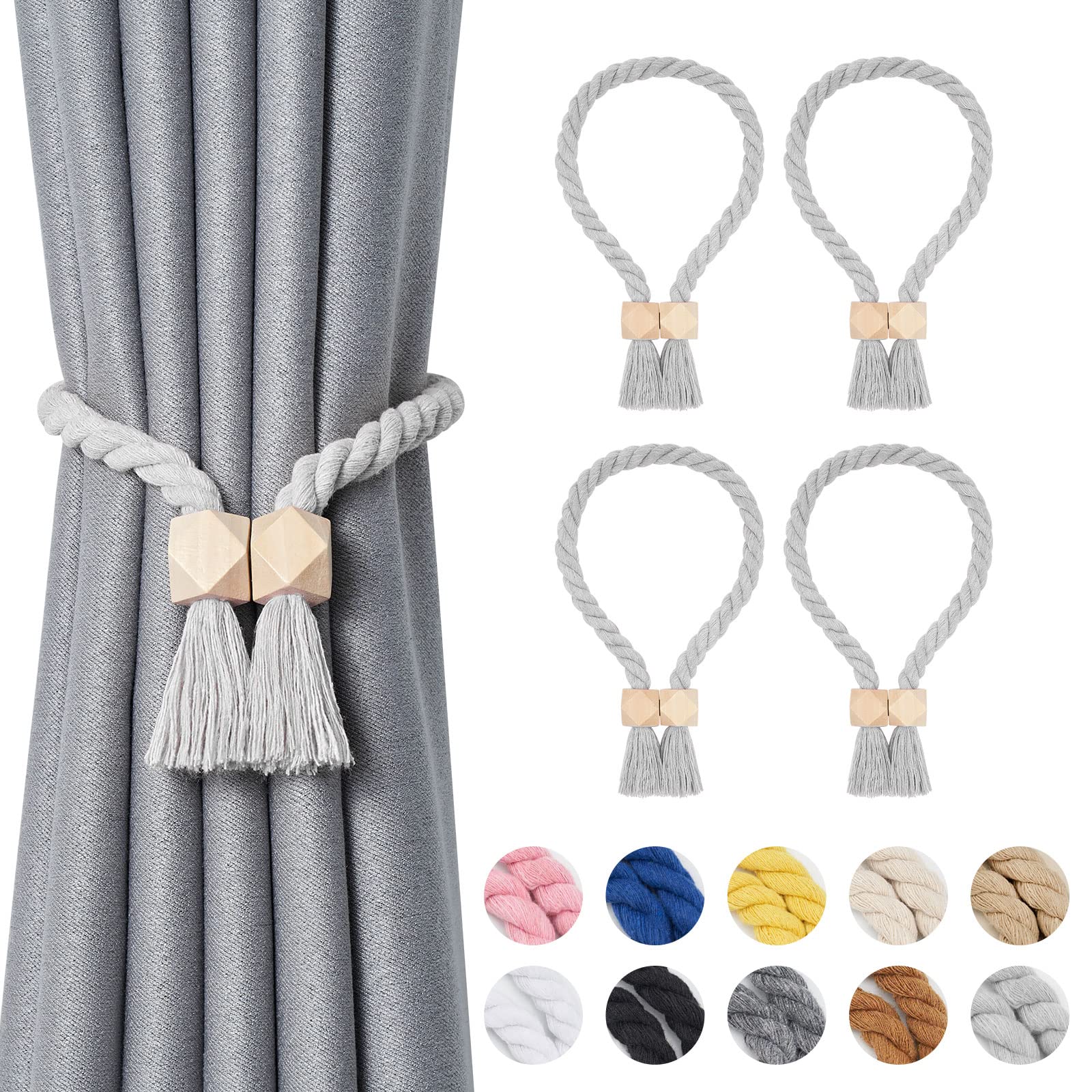 Pretty Jolly 4 Pack Wooden Polyhedron Magnetic Curtain Tiebacks Boho Home Decor Drape Tie Backs Natural Cotton Hand Woven Rope Curtain Holdbacks for Home & Office Window Draperies (Light Grey)