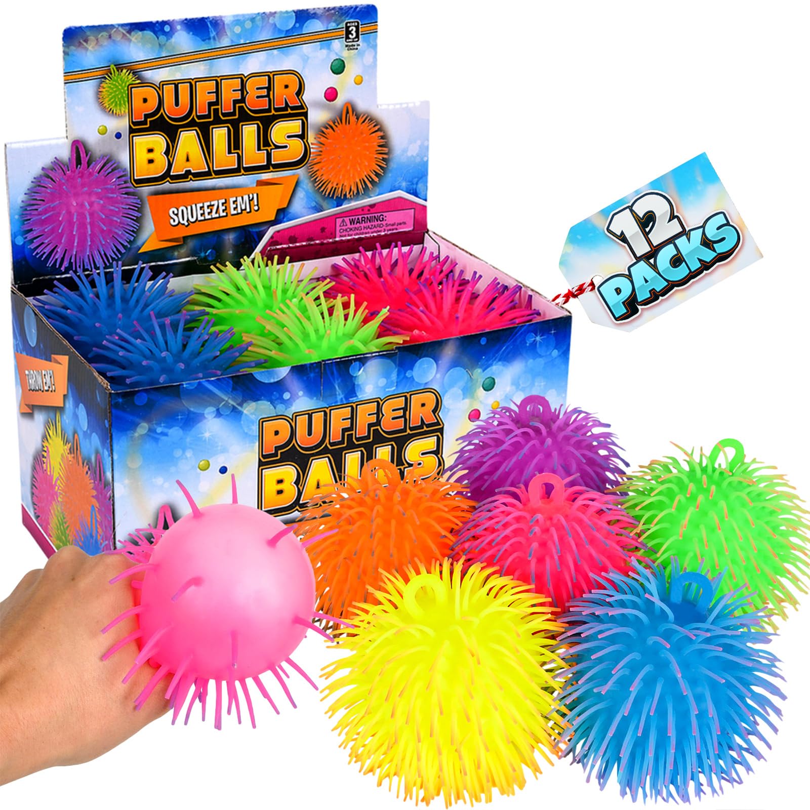 Puffer Balls (Pack of 12) - Squeeze Balls for Kids Neon Party Favors Sensory, Stress Relief & Therapy Toys for Kids, Boys & Girls Goodie Bag Stuffers, Prizes and Party Supplies
