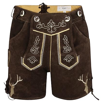 Alpenmode Frauen Damen Tracht Lederhose Kurz + Träger Trachtenhose Trachtenlederhose für Oktoberfest Gr. 36-40