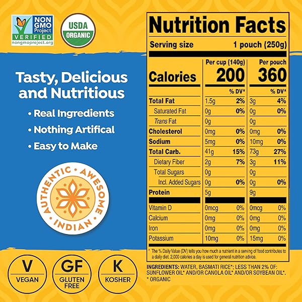 TASTY BITE ORGANIC BASMATI RICE, 8.8 OUNCE, PACK OF 12, READY TO EAT, MICROWAVABLE, VEGAN, GLUTEN-FREE