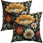 Kcozydecor Vintage Boho Floral Pillow Covers 18x18 Inches Yellow Beige Black Throw Pillow Case Set of 2 Spring Flower Pillow Cover Cotton Linen Cushion Cover for Home Couch Sofa Bedroom Livingroom