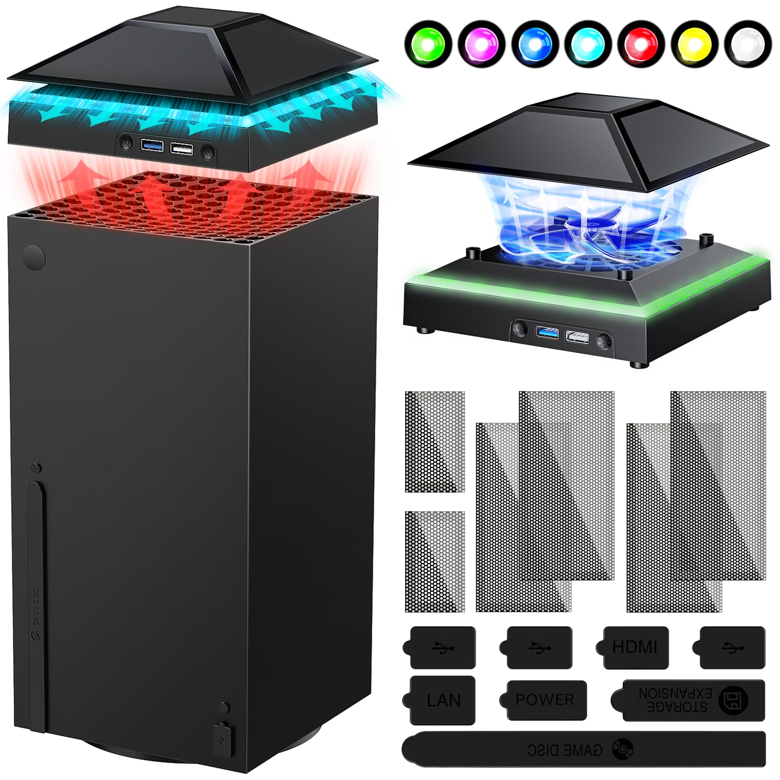 FYOUNG Efficient Cooling Fan for Xbox Series X with Dust Cover Filter, Colorful RGB Light Accessories with Low Noise 3 Levels Cooler Fan System, Extra 2 USB Port for Xbox Series X Console