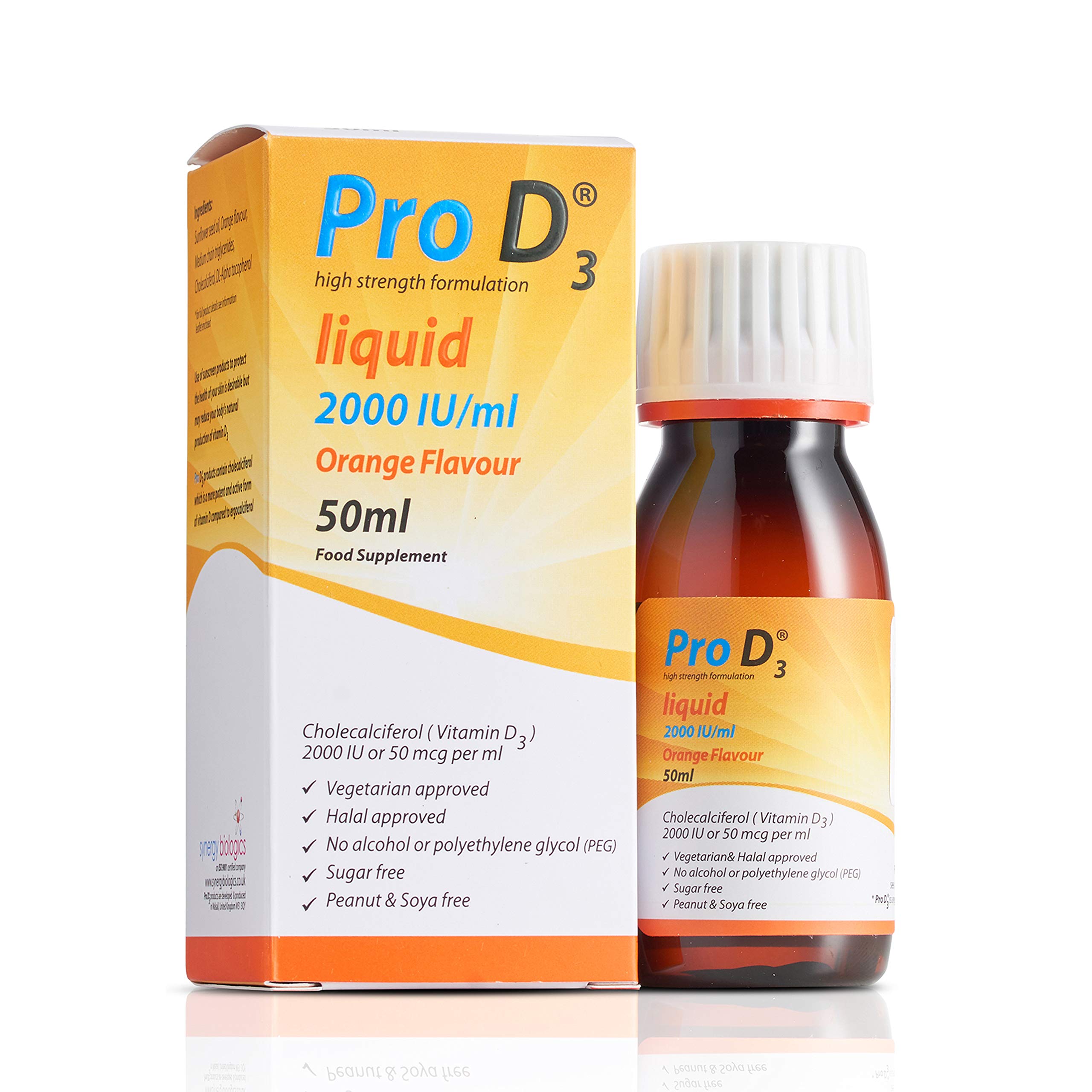Pro D3 Liquid 50ml (Vitamin D3-2000 IU / 50mcg) [Alcohol Free] Vegetarian Society Approved - Gluten Free - Salt Free - Gelatin Free - SOYA Free - Peanut Free - Sugar Free - Halal - Kosher