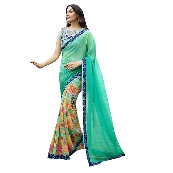 Womens Georgette Saree With Blouse Piece (SHAMA6656SSSR003_Turquoise Blue)