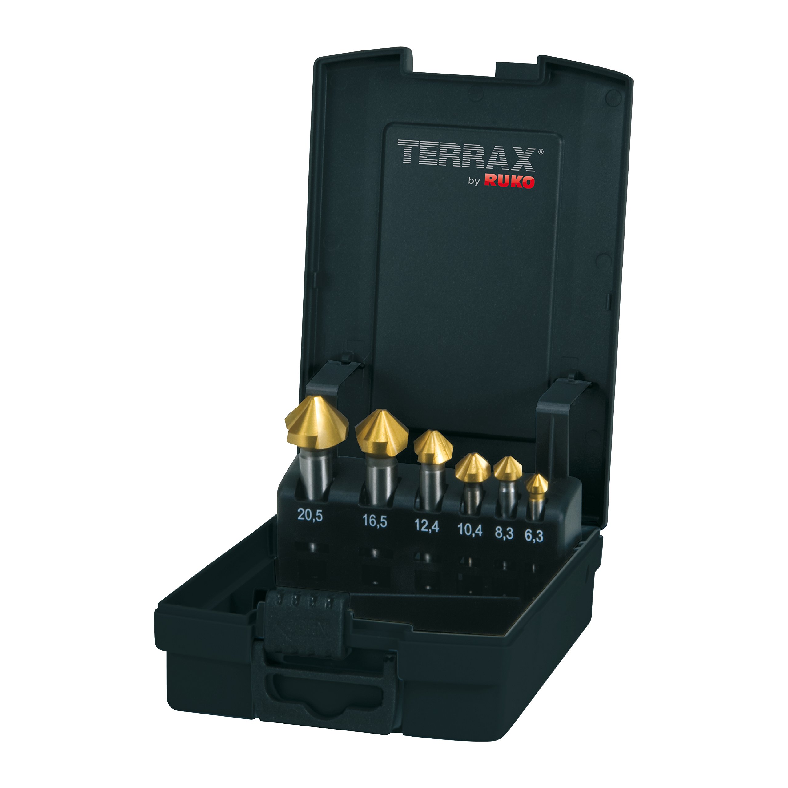 Terrax Set Svasatore Conico Forma C 90° HSS Tin In Cassetta Di Plastica, 6 pezzi