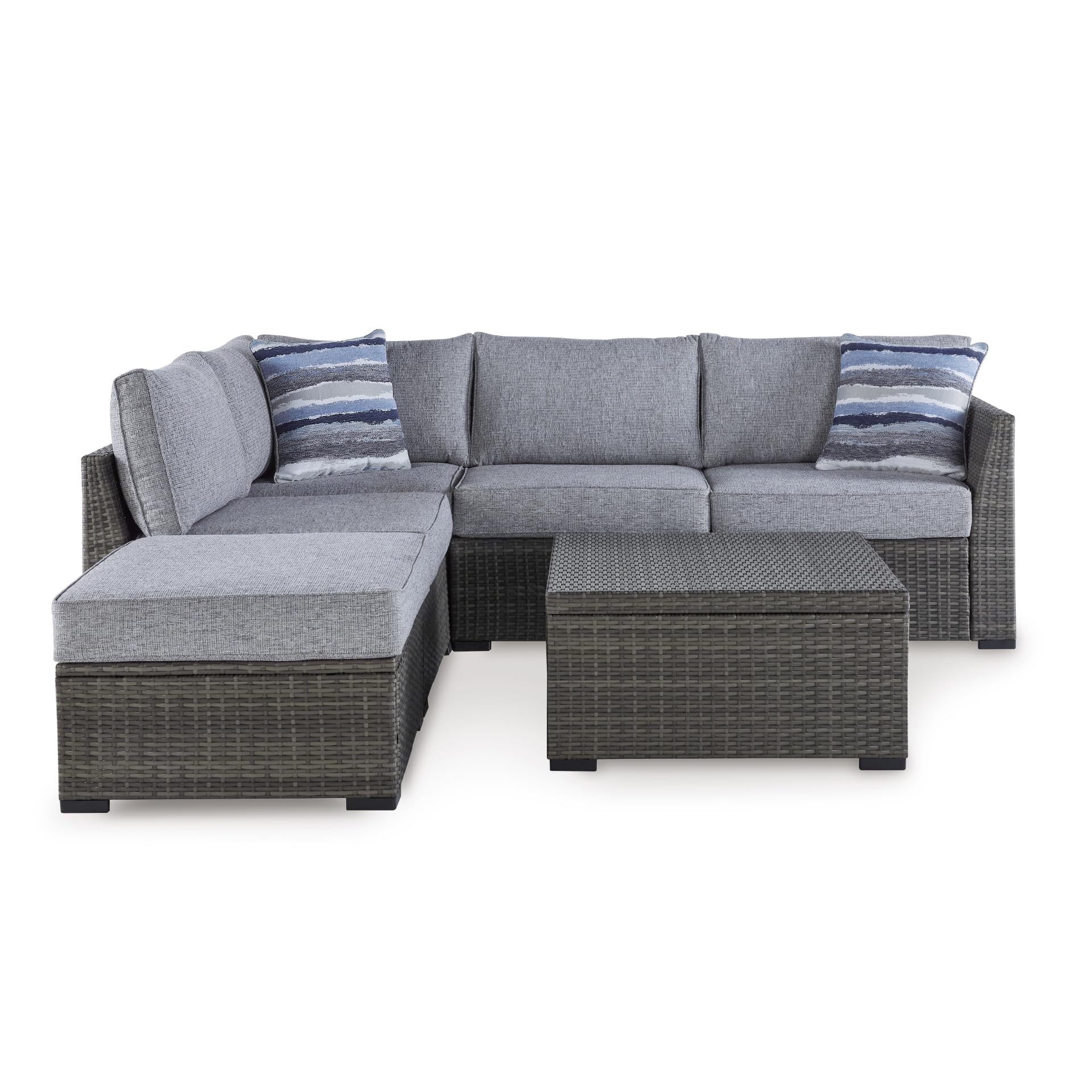 Photo 1 of Signature Design by Ashley Petal Road Casual Nuvella Weather Resistant Fabric, Cushioned Outdoor Loveseat Sectional/Ottoman/Table Set with 2 Throw Pillows, Set of 4, Gray