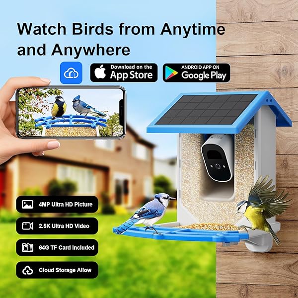 TREEBIRDY SMART BIRD FEEDER CAMERA – 4MP 2.5K FULL HD, 64G TF CARD INCLUDED, SOLAR POWERED WIRELESS, AUTO CAPTURE BIRD VIDEO & NOTIFY DETECTED BIRDS, AI IDENTIFY 11000+ BIRDS FEED WATCHING CAMERA