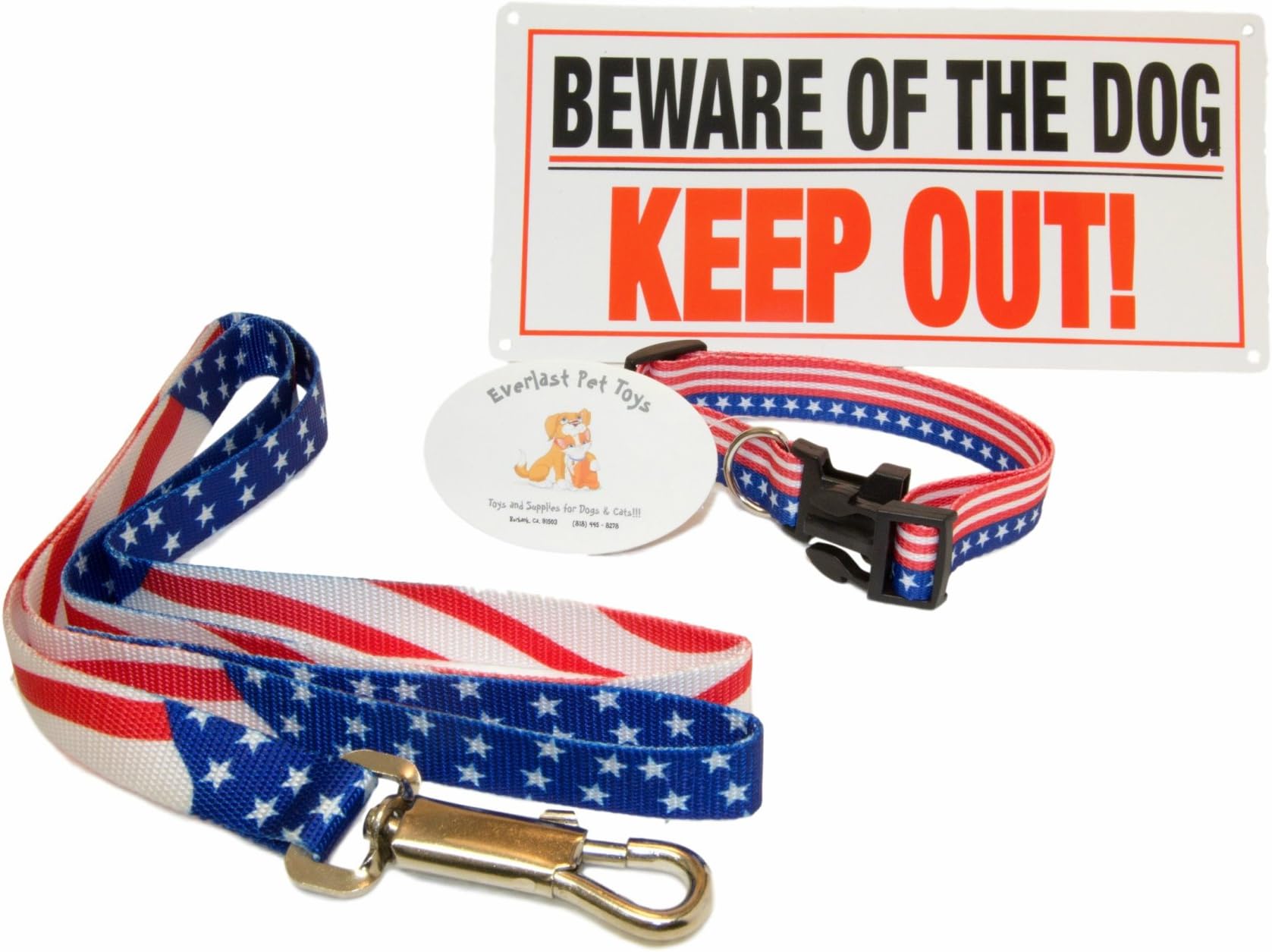 EMG Pet Emporium Dog Collar and Leash Bundle Plus for 4th of July | Patriotic American Collar | American Flag Design 4ft Leash | Guaranteed | 'Beware of Dog' Warning Sign | U.S.A. Theme