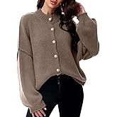Simlakey Women Chunky Knit Cardigan 2025 Fashion Casual Button Down Sweater Mock Neck Lantern Sleeve Fall Winter Outerwear