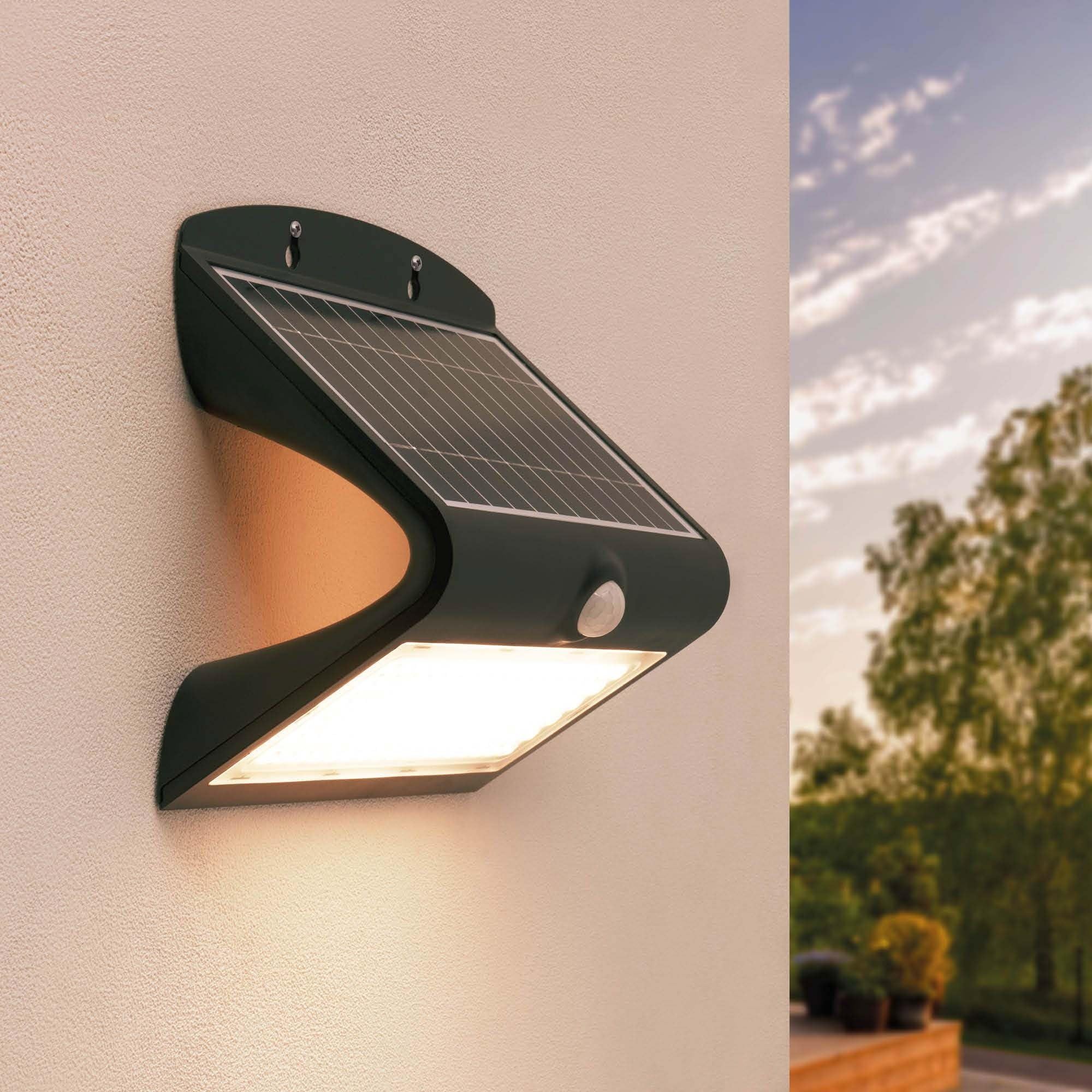 Ledvion - Modern Solar Wall Lamp on Solar Energy WhiteMotion Sensor, Black, 8W, 3000K, IP65Waterproof & 220 Lumen,