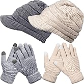 JaGely 4pcs Winter Hats and Gloves Set for Women, Warm Beanie and Mittens, Winter Knit Touchscreen Glove