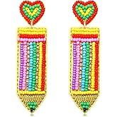 Teacher Earrings for Women Beaded Apple Pencil Dangle Earrings Colorful Rainbow Drop Earrings Back To School Present Teacher Appreciation Gift