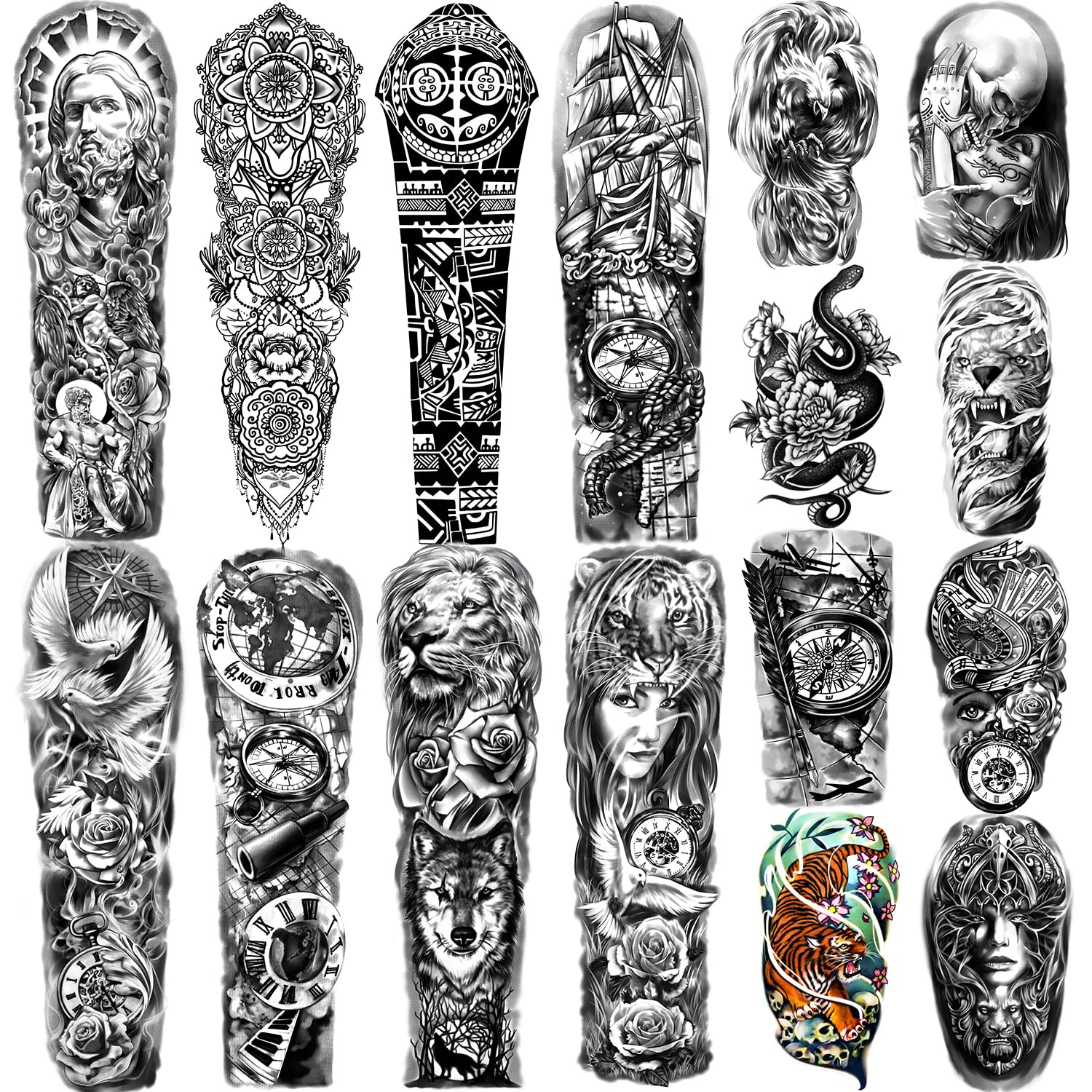 Temporary Tattoos Full Arm 8 Sheets and Half Arm Fake Tattoos 8 Sheets, Extra Large Waterproof Tattoo Stickers for Men and Women or Adults (58X18cm)
