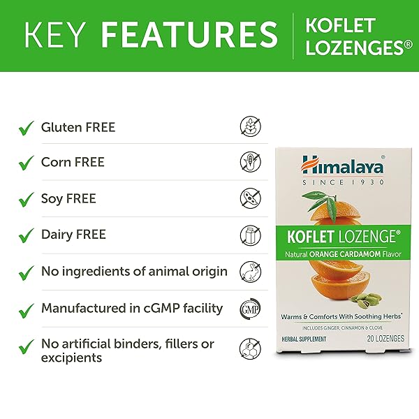 HIMALAYA KOFLET LOZENGES, ORANGE CARDAMOM FLAVOR, NATURAL HERBAL COUGH DROP FOR WARMING RELIEF AND SOOTHING THROAT COMFORT, 130 MG, 20 LOZENGES