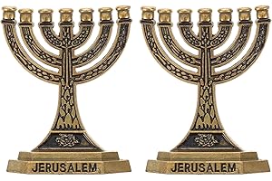 FOMIYES 2pcs Golden 7-Branch Menorah Candle Holder - Vintage Zinc Alloy Religious Candlesticks for Hanukkah, Shabbat, Table Centerpiece, Home and Church Decor