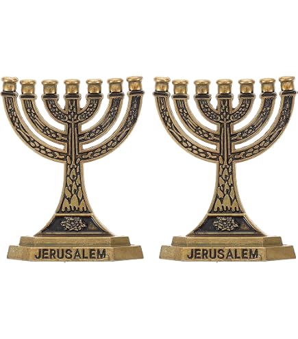 OLLBAG Golden Menorah With Blue Enamel - 7 Branch Temple Menorah Decorated With 12 Tribes Of Israel Symbols, 4.7"