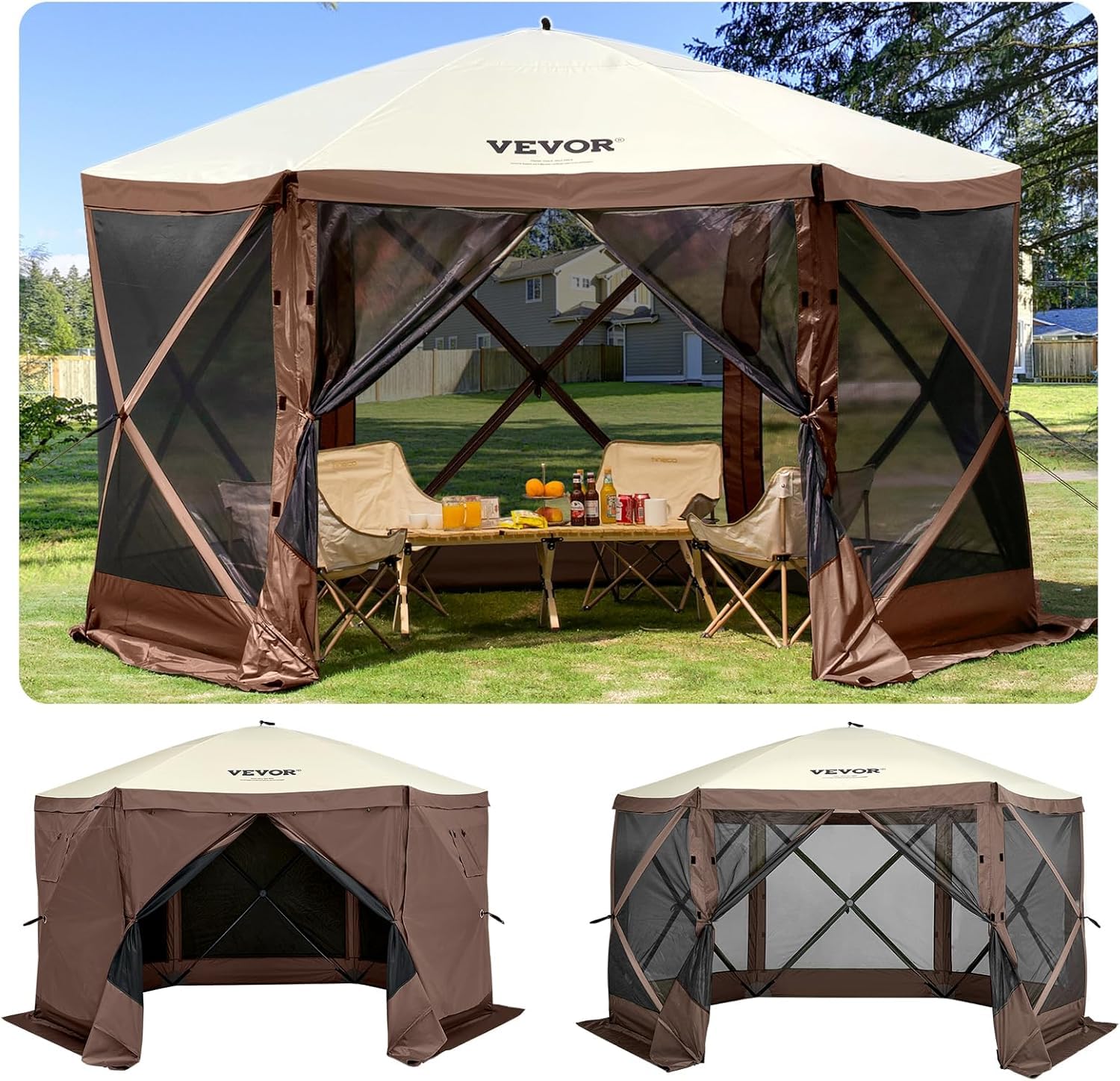 Photo 1 of VEVOR 12 * 12ft 6 Sided Pop-up Canopy Shelter Tent with Mesh Windows, Portable Carry Bag, Stakes, Large Shade Tents for Outdoor Camping, Lawn and Backyard, Brown/Beige