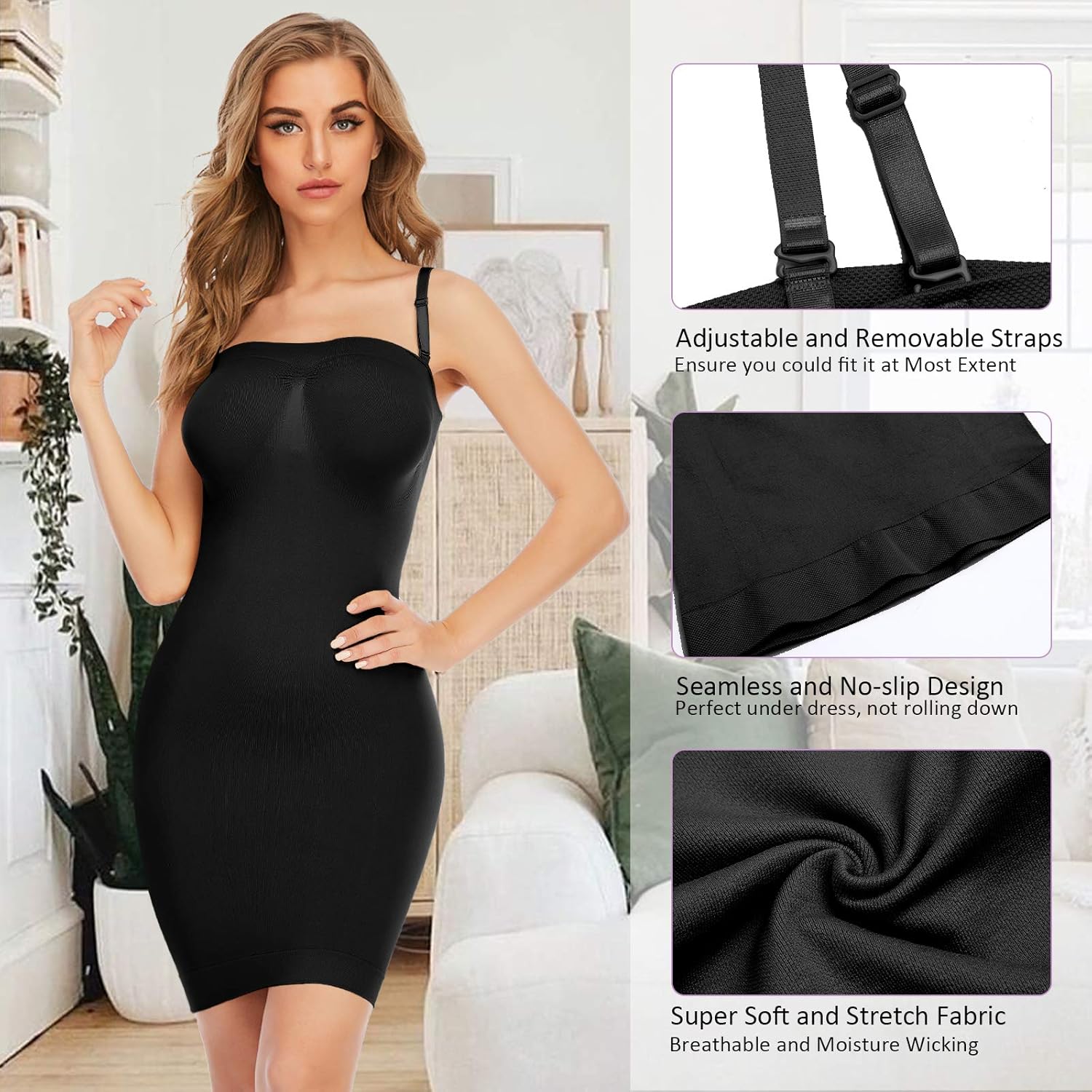 Seamless Strapless Shapewear Slip for Women Tummy Control Full Body Shaper Slip Under Dress (Black, Large) at  Women’s Clothing store