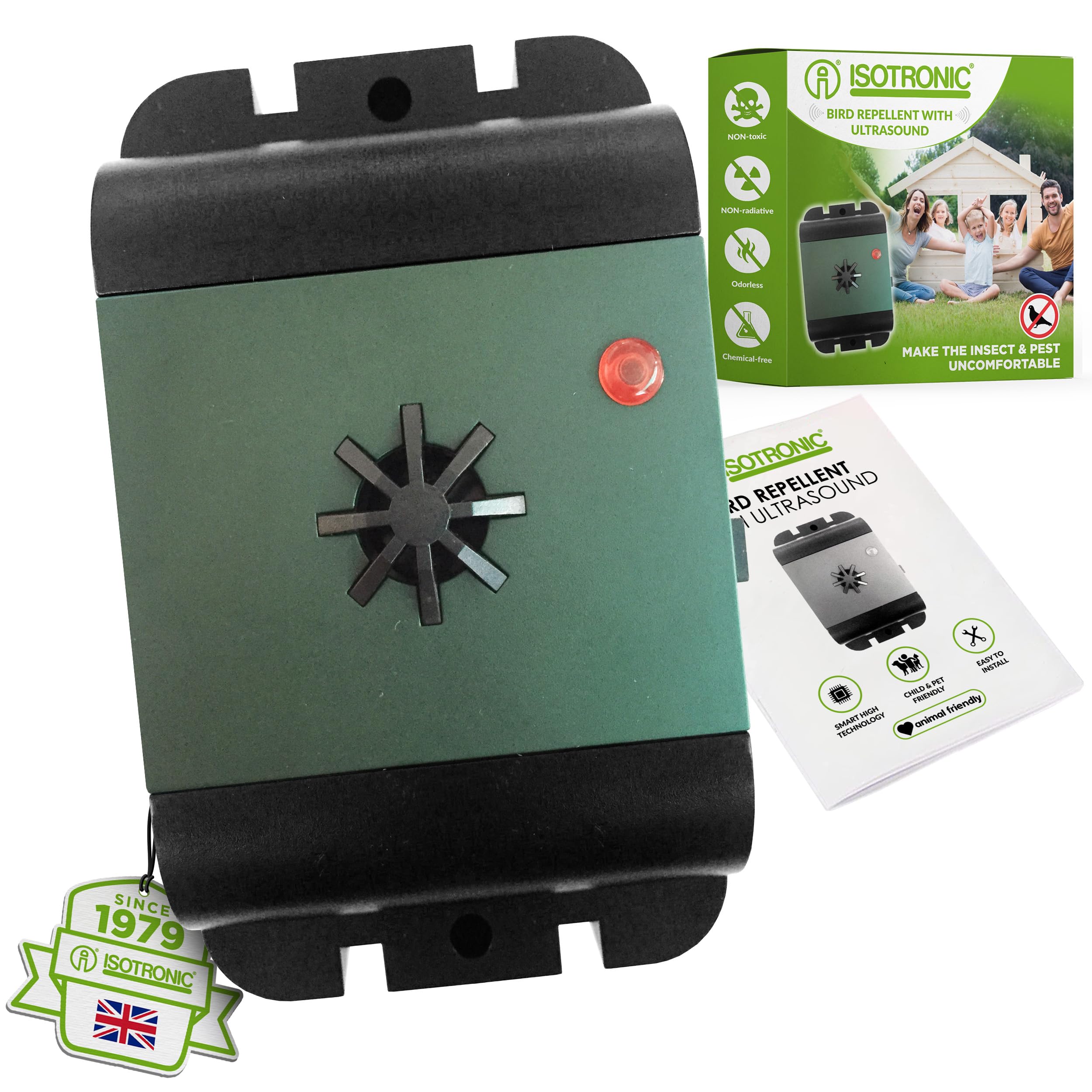 ISOTRONIC® Ultrasonic Bird Repeller device, Battery powered portable Bird Deterrent, Pigeon Scarer - Pack of 1 Pcs.