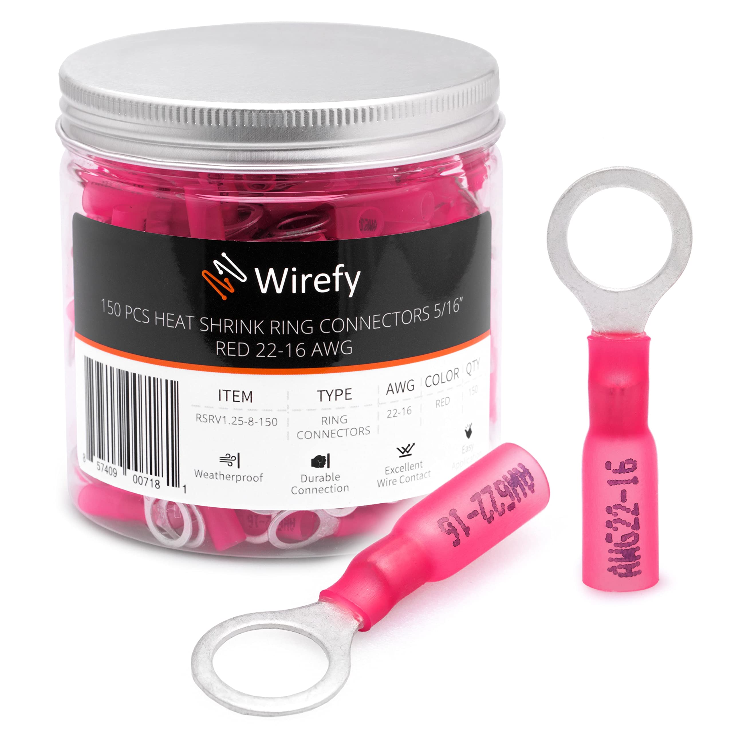 Wirefy Heat Shrink Ring Terminals 5/16" - Marine Grade Terminal Connectors - Waterproof Eyelet Wire Connectors - Red 22-16 AWG - 150 PCS