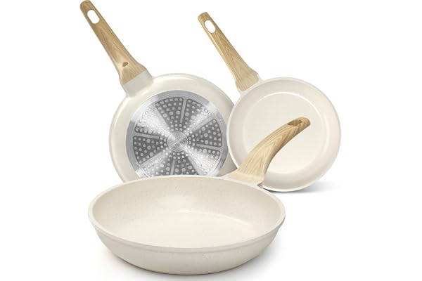 YASHE 3Pcs Granite Nonstick Frying Pan Set, Induction Ready, 20/24/28cm | Non-Toxic Omelette Pans Cookware with Stay-Cool Han