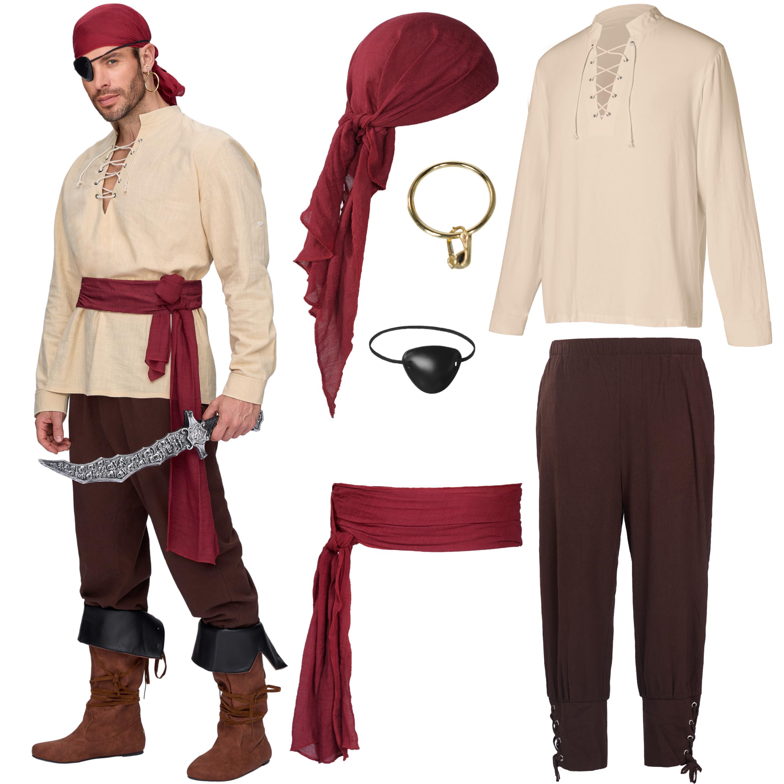 Photo 1 of Spooktacular Creations 6 Pcs Men Pirate Costume, Men Renaissance Medieval Viking Pirate Costume with Viking Shirt, Banded Pants, Eye Patch, Bandana,Belt and Earrings for Halloween Cosplay-XL