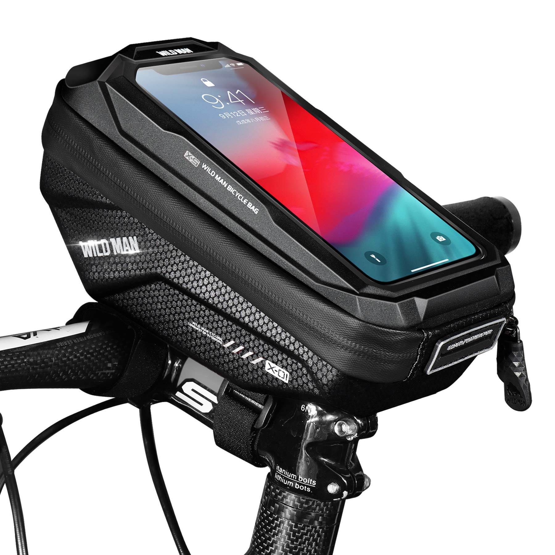 Bike Handlebar Bag, Waterproof Bicycle Frame Top Tube Pouch Pannier Cycling Handlebar Bags Bike Cell Phone Mount Cycle Holder with Touch Screen for iPhone 16 15 14 13 12 Pro Max Smartphone up to 6.7''