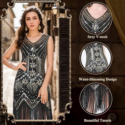 FEPITO 1920s Flapper Dresses for Women, Fringed Sequin Great