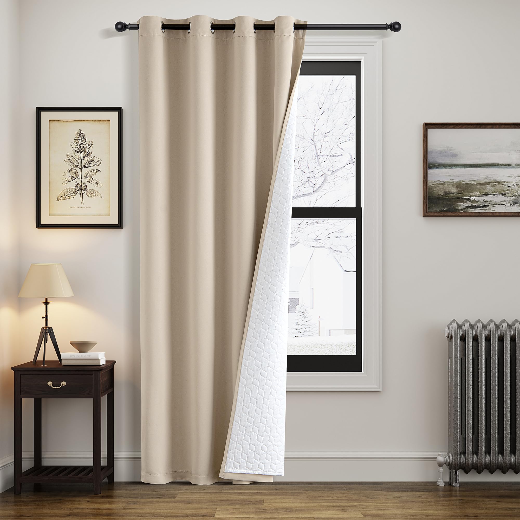 MIULEE Thermal Door Curtain for Winter Heavy Duty 52x69 Inch, Eyelet Blackout Thermal Curtain with Thick Quilted Lining, Double-Layer Cold Resistant Draft Excluder Curtains Winter, 1 Panel, Beige