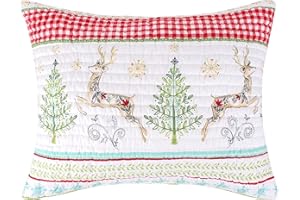Levtex Home Merry & Bright Collection - Comet and Cupid - Quilted Standard Sham - Holiday Deer and Christmas Trees - Red Green White Teal - Reversible - Microfiber